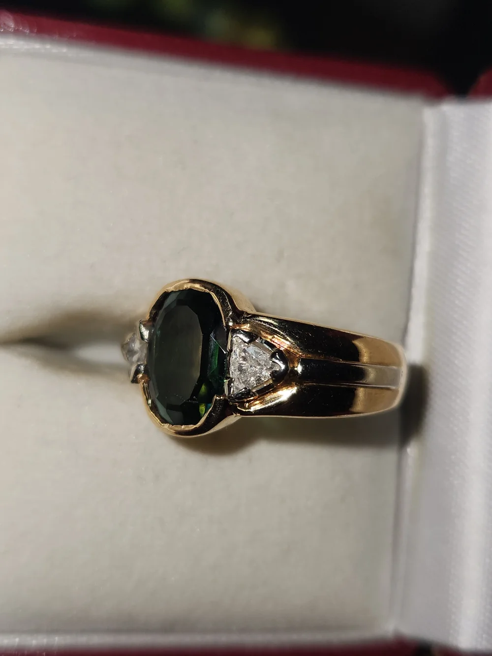 Gold Ring with Deep Green Tourmaline Stone and Trillion Diamond Accents
